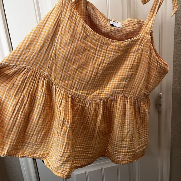Old Navy Checker Tie-Shoulder Blouse Size XXL Gold Smocked Gingham Cami Swing - Picture 3 of 9